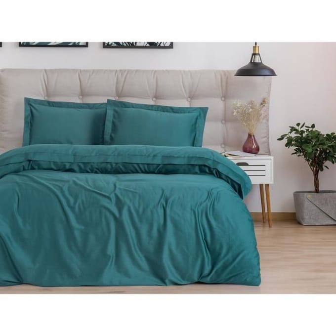 Parure de lit - 1 housse de couette 220 x 240 cm + 2 taies d'oreiller 60 x 60 cm - Satiné 100% coton - Bleu