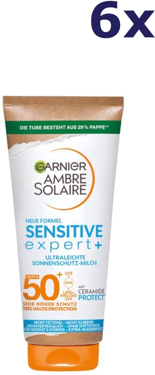 6x Garnier Ambre Solaire Zonnemelk sensitive expert+, SPF 50+ 175ML