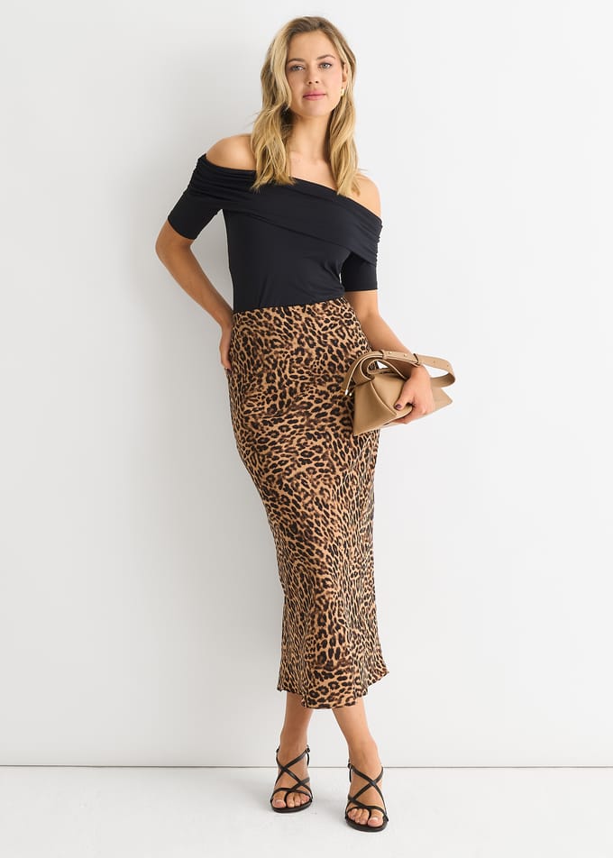 Bruine midi-rok met dierenprint