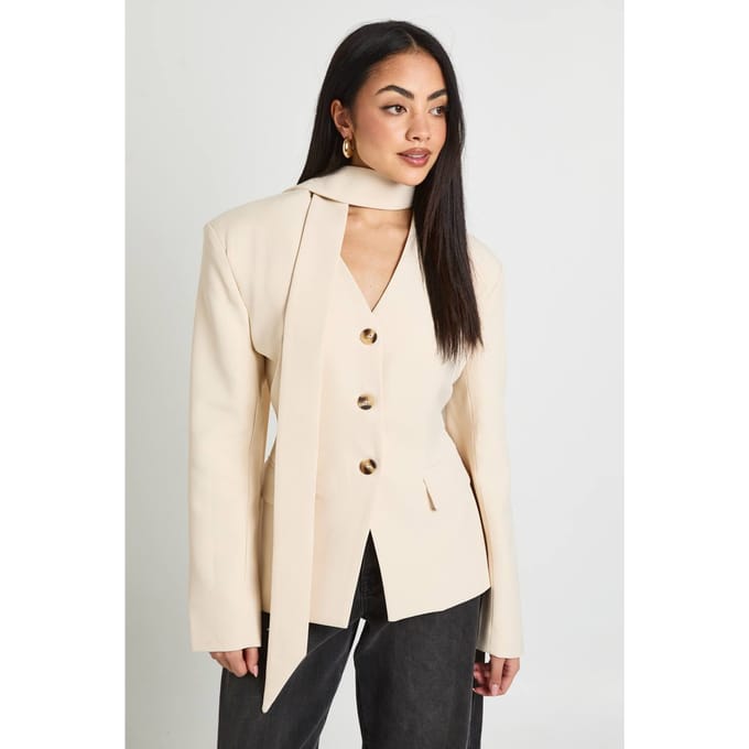 boohoo Dames Blazer Met Sjaalkraag En Getailleerde Taille | Ecru | Maat: 40