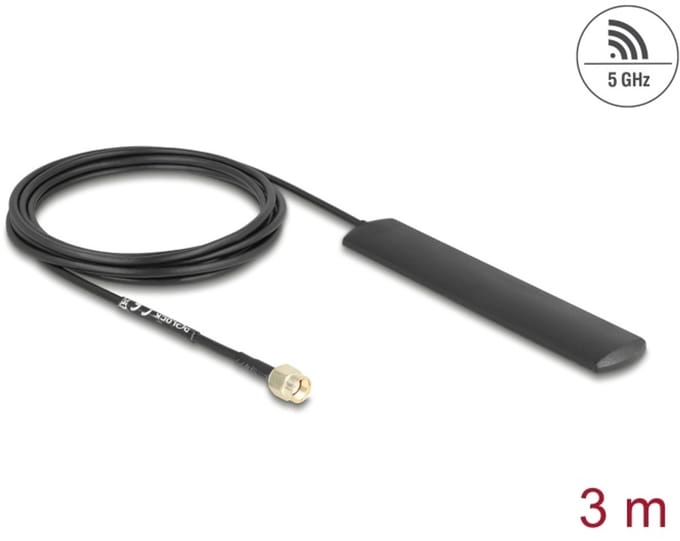 Delock WiFi 5.8 GHz Antenne | 3 dBi Gain | RP-SMA Plug | 3 Meter Kabel | Compact Design