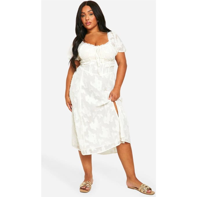 boohoo Dames Plus Burnout Milkmaid Midi Jurk | Wit | Maat: 44