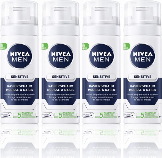Nivea® | 4 x 50 ml Scheerschuim sensitive | mini flacon | reisformaat | gevoelige huid |