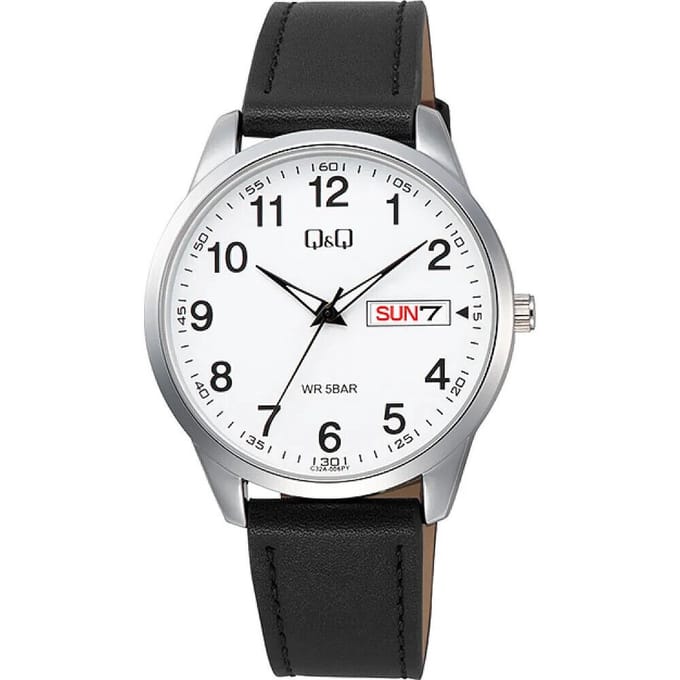 Q&Q C32A-006PY-Horloge-Duidelijke wijzerplaat-Dag/Datum aanduiding-Lederen band-42MM