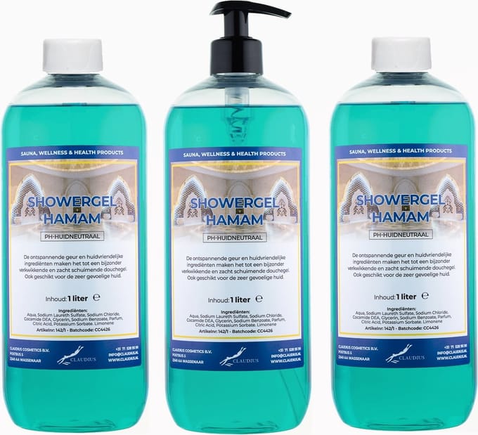 Claudius Douchegel Hamam 1 liter - set van 3 stuks - met gratis pomp - Showergel