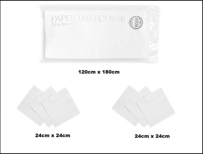 1x Tafelkleed papier wit 120cm x 180cm + 40x Cocktail servetten wit 24cm x 24cm 3 laags