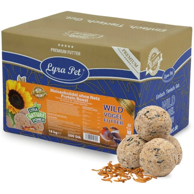 200 stuks. Lyra Pet® Tit Dumpling Protein Boost met meelwormen zonder net, 90 g per stuk = 18 kg