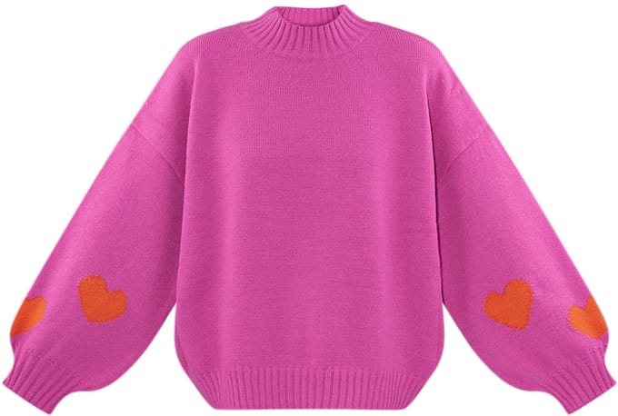 Oversized Wolmix Dames Trui met Hartjes-Applicatie - Fushia - Maat S/M