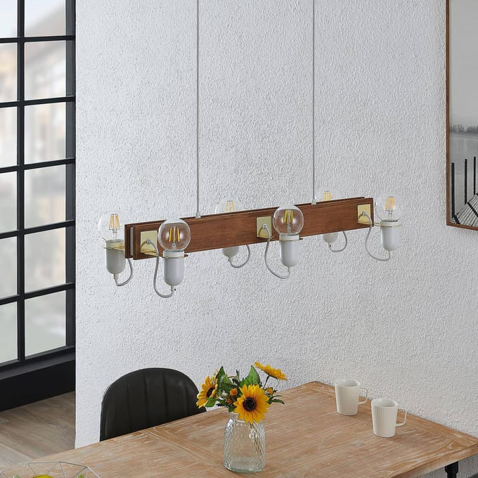 Lucande - Hanglamp - 6lichts - dennenhout, ijzer - E27 - antiek hout, wit, gepolijst messing