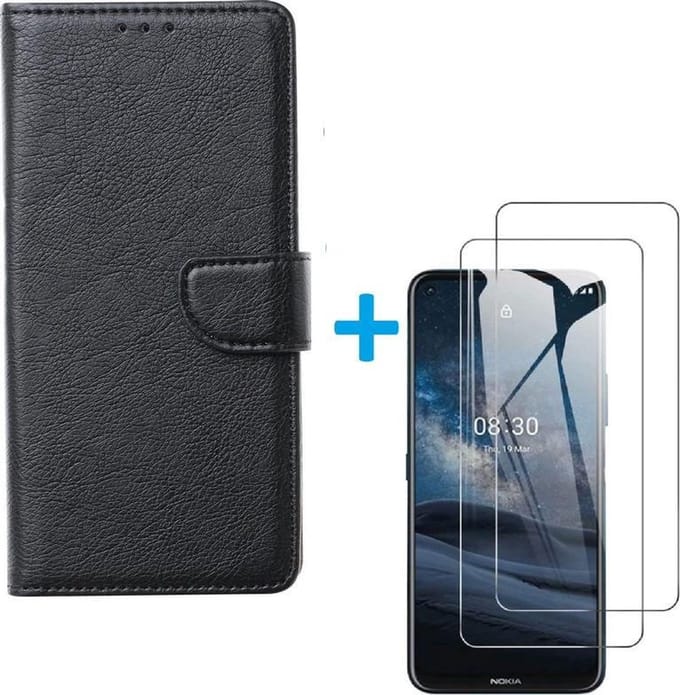Bookcase Geschikt voor: Nokia 8.3 - Zwart - portemonee hoesje met 2 stuks Glas Screen protector