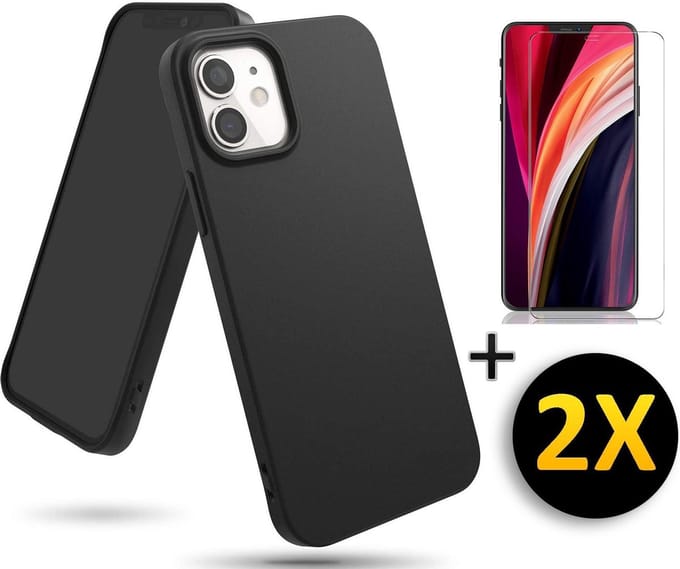 HB Hoesje Geschikt voor Apple iPhone 12 Mini - Zwart - Siliconen Back Cover 2X Glazen Screenprotector