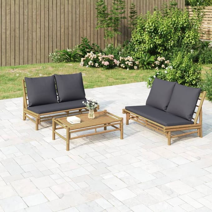 vidaXL - 2-delige - Loungeset - met - kussens - bamboe - donkergrijs