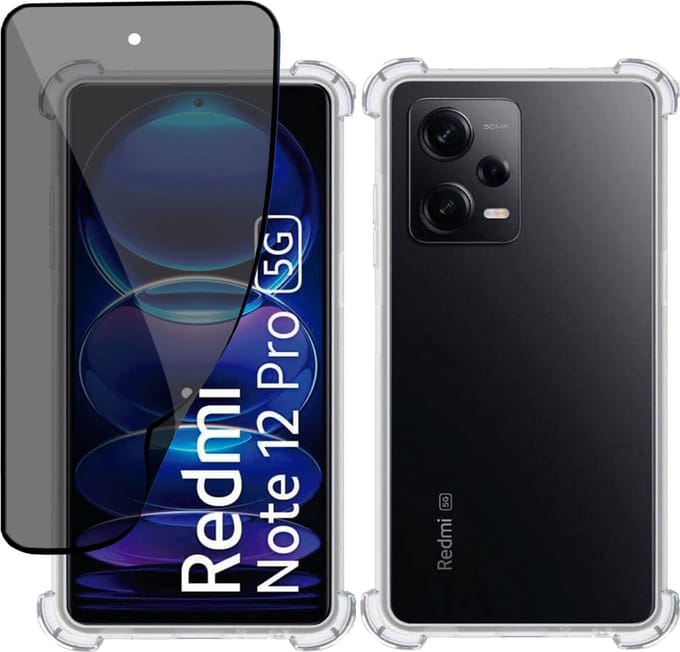 Hoesje + Privé Screenprotector geschikt voor Xiaomi Redmi Note 12 Pro – Privacy Tempered Glass - Case Transparant
