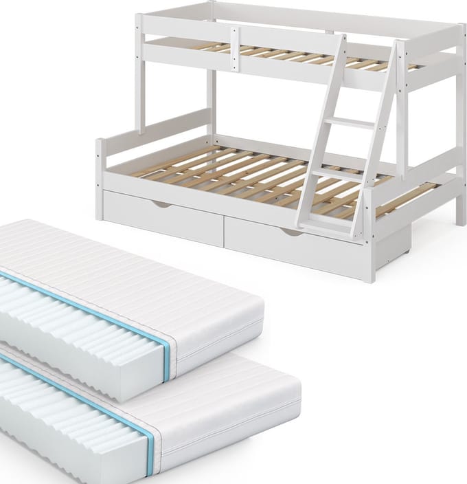 Vitalispa Everest Stapelbed – 120x200 / 80x200 cm met 2 matrassen en 2 laden Wit