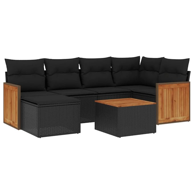 vidaXL - 7-delige - Loungeset - met - kussens - poly - rattan - zwart