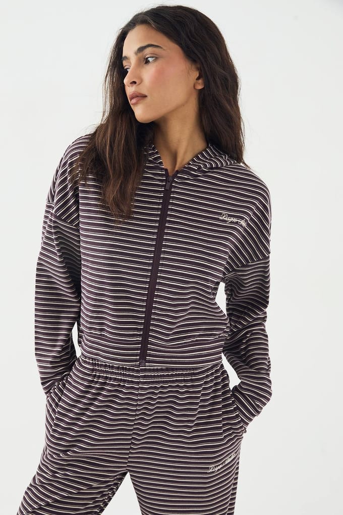Dames DSGN Studio Zachte Streep Boxy Crop Rits Hoodie | Plum | Maat: 2XL