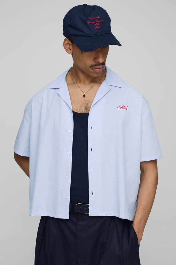 Oversized Boxy Capri Geborduurd Streep Overhemd | Light Blue | Size Medium