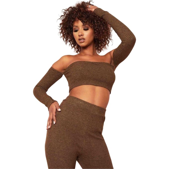 Missy Empire Dames/Dames Ribbed Bardot Crop Top (Chocolade)