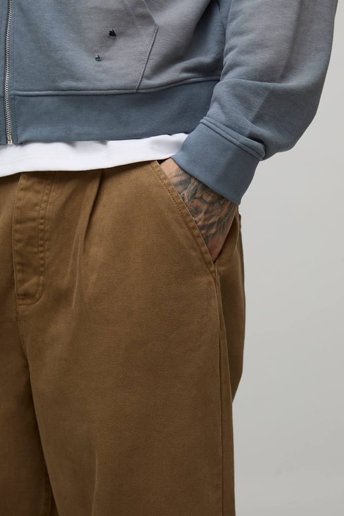 Tall Wide Fit Half & Half Waistband Washed Twill Trouser | Tobacco | Size Small