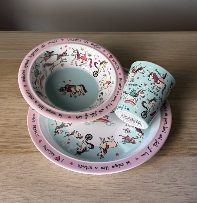 Eenhoorn kinder servies set melamine (bord + kom + bekertje) - Tyrrell Katz
