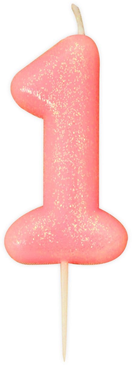 ANNIVERSARY HOUSE - Iriserende roze glitter cijfer 1 kaars 9 cm