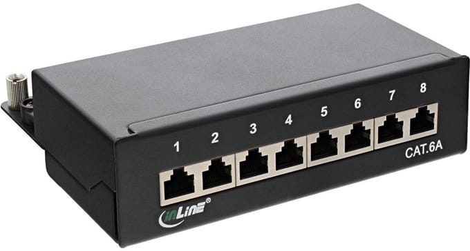 Premium CAT6a Gigabit DIN Rail Patch Panel 1U met 8 poorten - afgeschermd / zwart