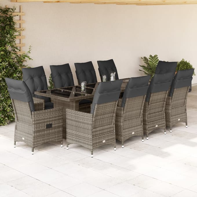 vidaXL - 11-delige - Bistroset - met - kussens - poly - rattan - grijs