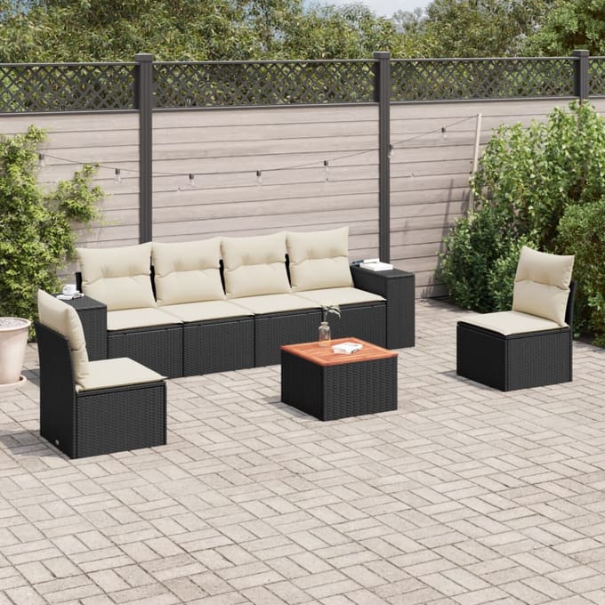 vidaXL - 7-delige - Loungeset - met - kussens - poly - rattan - zwart