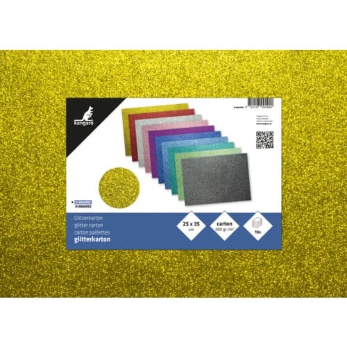 Kangaro glitterkarton, formaat 25 x 35 cm., 300 grams, pak 10 vel à 10 kleuren
