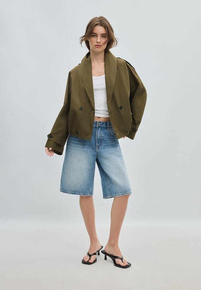 Stradivarius Cropped trenchcoat met sjaalkraag  Kaki M