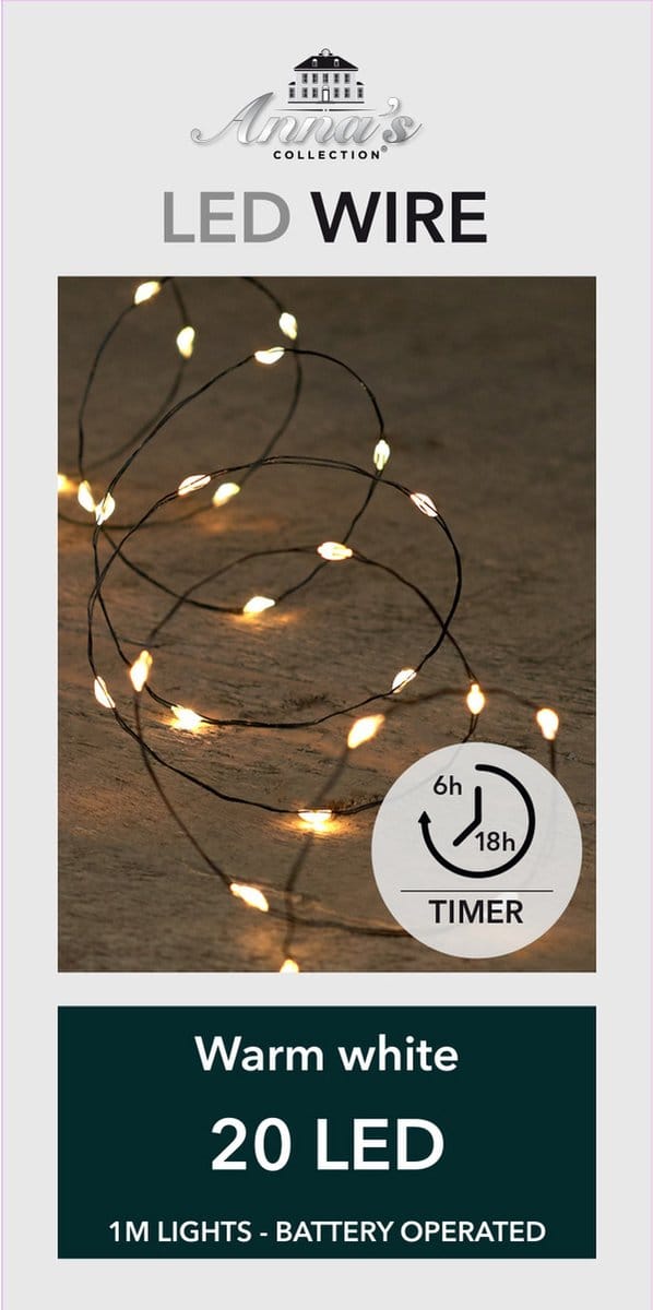 Anna's Collection draadverlichting - 20 led lampjes - warm wit - 100 cm - batterij - lichtsnoer