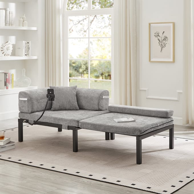 MODFU Slaapbank - Opvouwbaar Uitschuifbed - Ruimtebesparend - Modern - Massief Houten Frame - Fluweel - Lichtgrijs