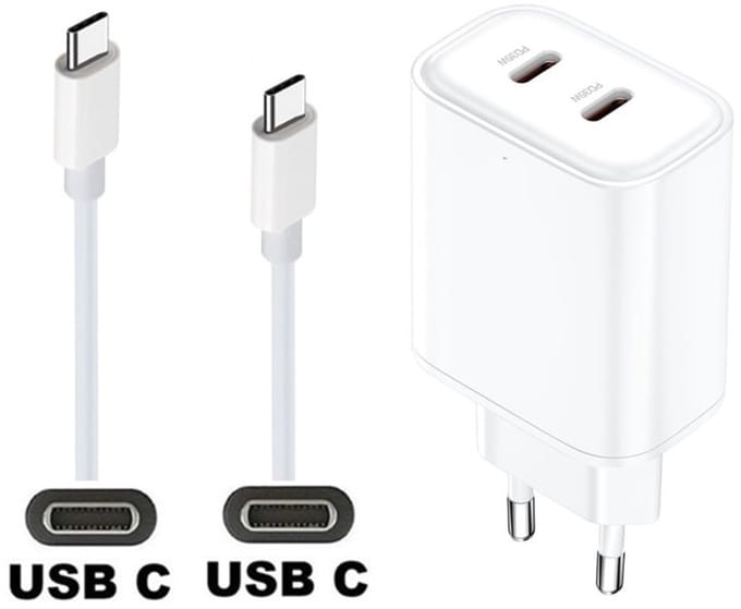OneOne 35W snellader met 2 poorten USB C en USB C + 0,2m sterke USB C naar C kabel. Witte PD lader. Oplader adapter past op JBL LIVE 300TWS, Pulse 4, Quantum 400, Quantum 600, Quantum 800, Quantum ONE, Reflect Mini NC
