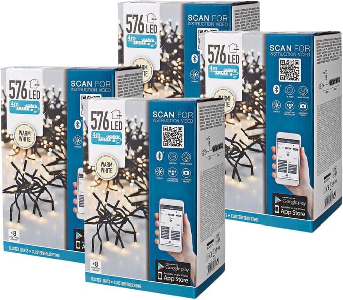 Kerstverlichting - Clusterverlichting - 4 stuks - 576 LED's - Lengte: 4 meter - Met app-bediening - Warm wit