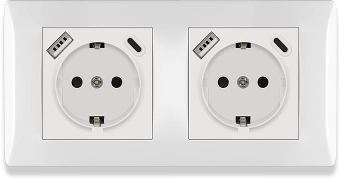 Dubbel Inbouw Stopcontact met USB A en USB C Oplaadpoorten Wit