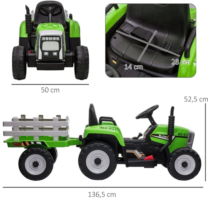 Kinder Elektrische Tractor - Groen Zwart - Afstandsbediening