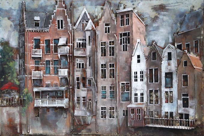 Schilderij - Metaalschilderij - Grachten panden 80x120cm