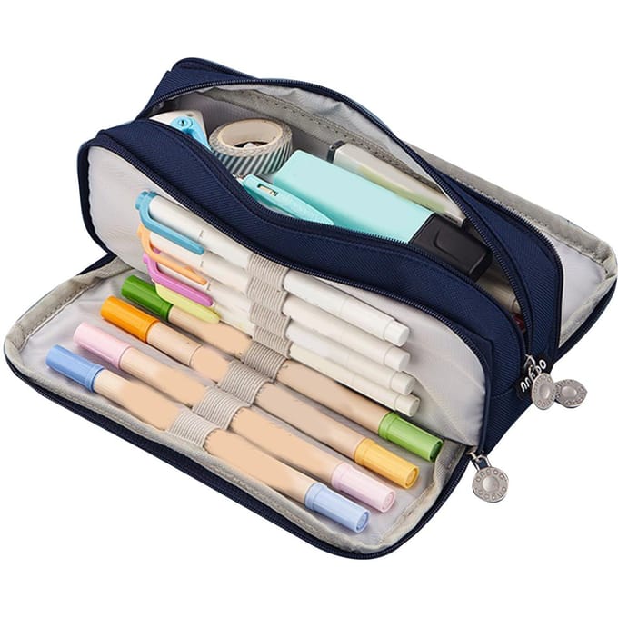 Trousse à crayons à 3 compartiments, grande capacité, double ouverture, toile souple, anti-poussière, fermeture éclair bleu marine