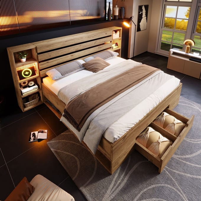 MODFU Bedframe 160x200 cm – Metaal en hout – Met LED, USB-C, opbergruimte & hoofdbord – Eikenkleur