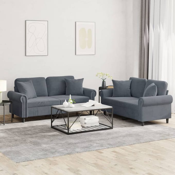 vidaXL - 2-delige - Loungeset - met - kussens - fluweel - donkergrijs