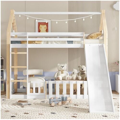Merax Kinderstapelbed - 90 x 200 cm - met glijbaan + hek + ladder - grenen + MDF - wit