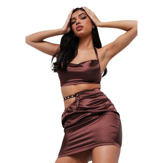 Missy Empire Dames/Dames Satijnen Halter Hals Crop Top (Chocolade)
