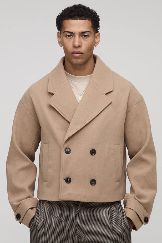 Dubbelgebreide Afgekorte Melton Overcoat | Camel | Size Medium