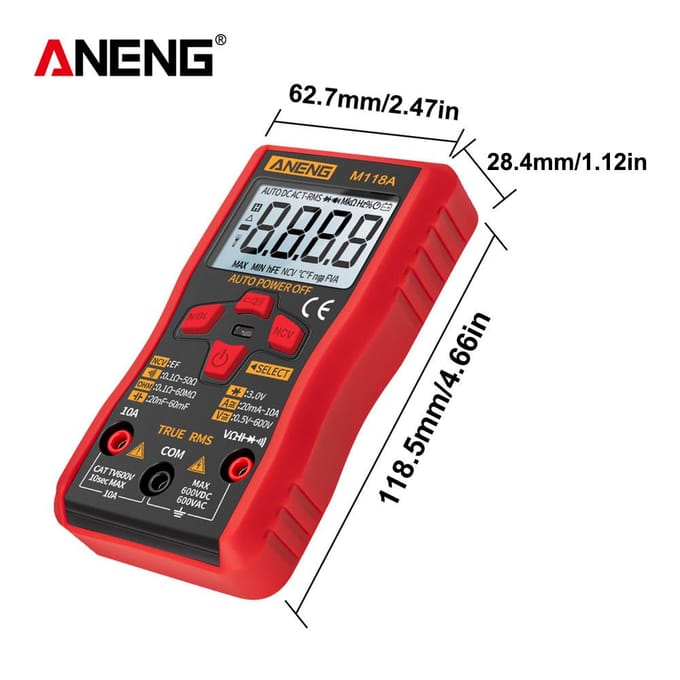 ANENG M118A Automatische bereik digitale multimeter Zeer nauwkeurige TRMS 6000 tellingen Spanning Stroom Ohm rood