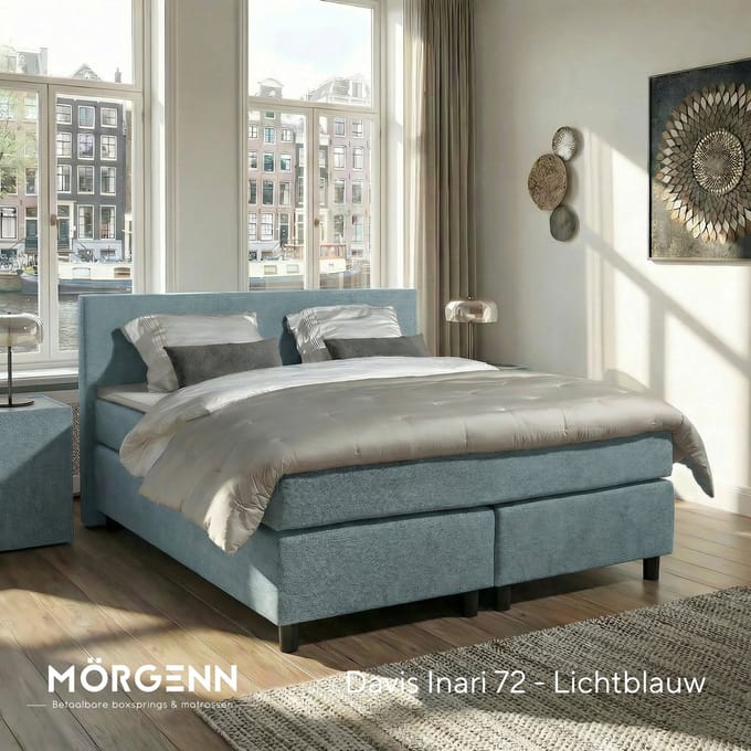 Mörgenn Boxspring Amsterdam - Pocketvering - Lichtblauw - 100x200 cm - Inclusief Dekbed en Kussens