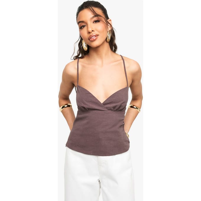 boohoo Dames Linnen Look Strappy Corset Top | Chocolate | Maat: 14