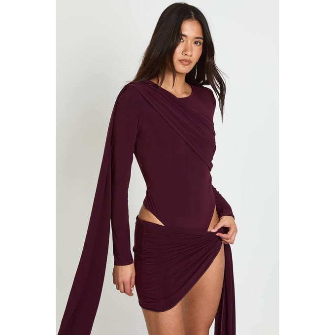 boohoo Dames Dubbellaags Slinky Bodysuit Met Gedrapeerd Voorpand | Plum | Maat: 8