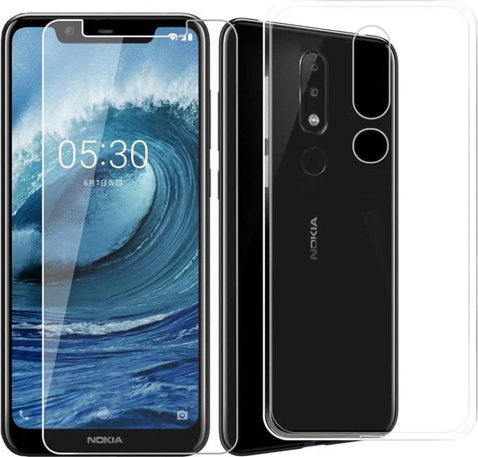 Silicone hoesje transparant met 2 Pack Tempered glas Screen Protector Geschikt voor: Nokia 5.1