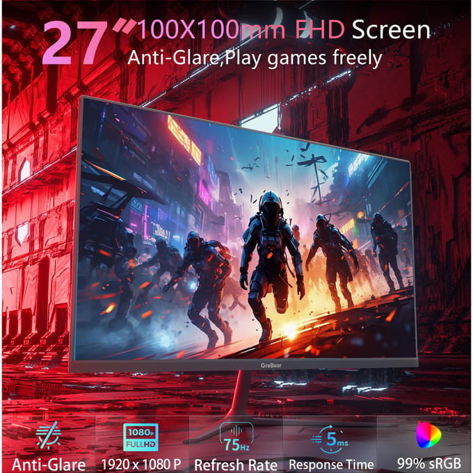 GreBear 27-inch computermonitor IPS-paneel PC-monitoren FHD 1080p 75Hz LED-display Thuiskantoor Desktopscherm, HDMI, VGA, Flicker