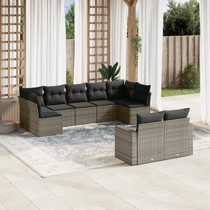 vidaXL - 9-delige - Loungeset - met - kussens - poly - rattan - grijs
